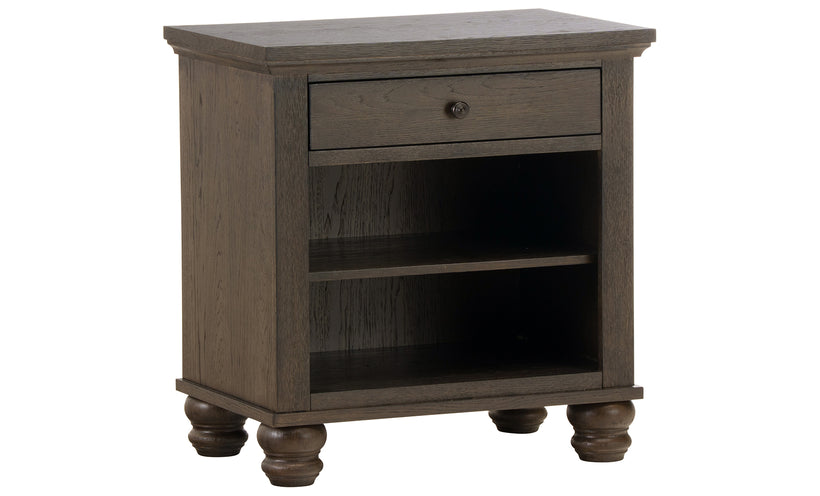 Wooden nightstand with a single drawer and open shelf on a white background